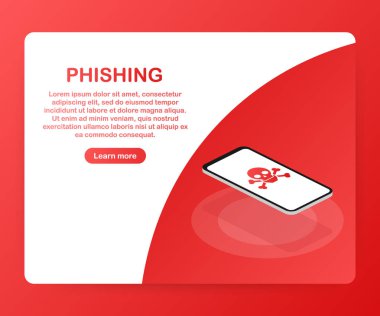 Internet izometrik vektör konsept illüstrasyon yoluyla kimlik avı. E-posta sızdırma veya Balık tutma iletileri. Kredi kartı numaranızı veya kişisel bilgilerinizi Web sitesi Hack. Vektör çizim.