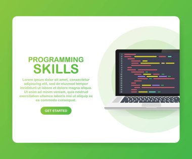 Modern düz izometrik tasarım programlama becerileri için Web sitesi ve mobil web sitesi. Açılış sayfası şablonu. Hisse senedi vektör çizim.