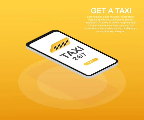 Coge un taxi. Banner de taxi isométrico. Aplicación móvil en línea pedir servicio de taxi ilustración horizontal. Ilustración vectorial . — Archivo Imágenes Vectoriales