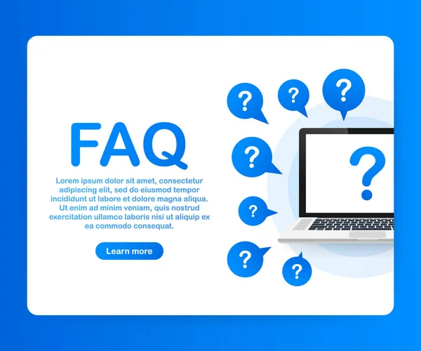 Preguntas frecuentes FAQ banner. Computadora con iconos de preguntas. Ilustración vectorial. — Archivo Imágenes Vectoriales