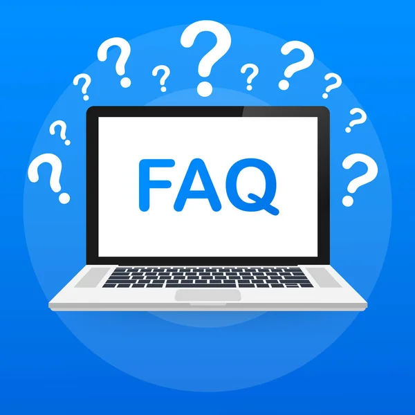 Preguntas frecuentes FAQ banner. Computadora con iconos de preguntas. Ilustración vectorial. — Archivo Imágenes Vectoriales