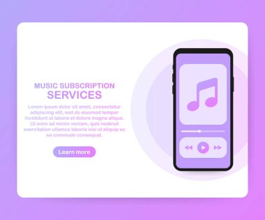 Sayfa web sitesi şablonu açılış müzik abone ücreti hizmet. Vektör izometrik smartphone ile kulaklıklar. Vektör çizim.