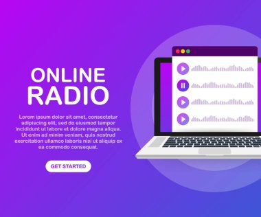 Online radyo dinleme, insanlar akarsu rahatla Internet kavramı dans dinle. Müzik uygulamaları, çalma listesi online şarkı, radyo istasyonu. Vektör çizim.