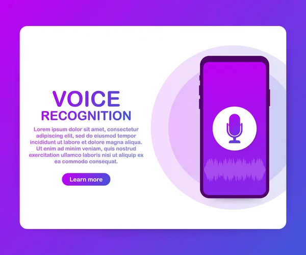 Векторна плоска ілюстрація розпізнавання голосу. Дизайн цільової сторінки. Екран смартфона зі звуковими хвилями та динамічною піктограмою мікрофона. Векторні ілюстрації . — стоковий вектор