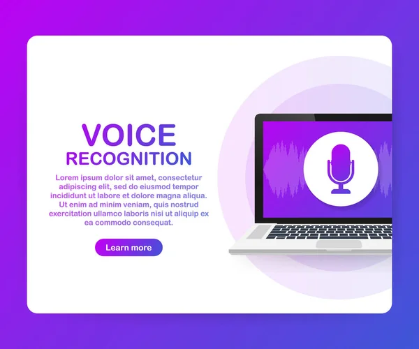 Ilustração de reconhecimento de voz plana vetorial. Design de landing page. Tela do portátil com ondas sonoras e ícone dinâmico do microfone. Ilustração vetorial . — Vetor de Stock