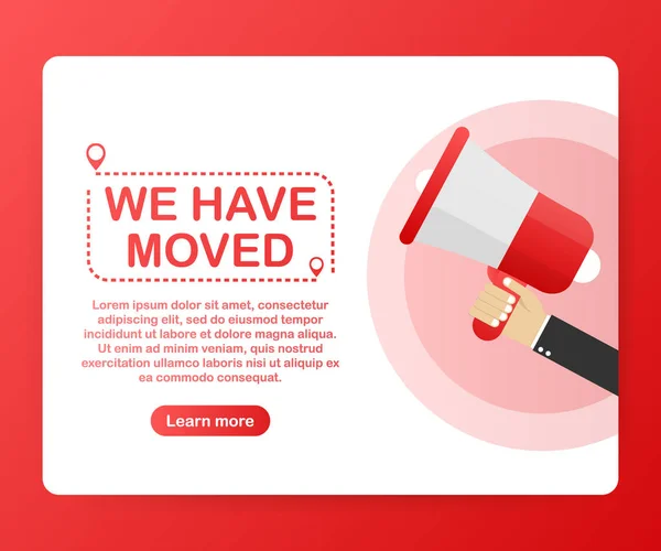 Přestěhovali jsme se. Pohybující se kancelářská značka. Obrázek Clipart izolován na červeném pozadí. Vektorová ilustrace. — Stockový vektor