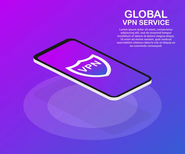 Підключення VPN. Забезпечити концепцію віртуального приватного мережевого з'єднання. Ізометрична векторна ілюстрація в ультрафіолетових кольорах . — стоковий вектор