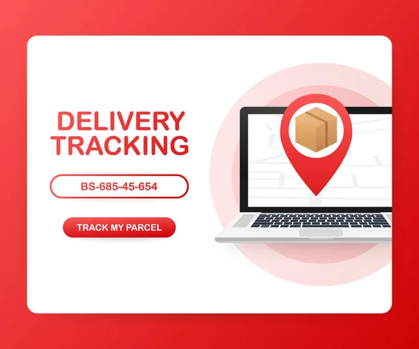 Parcel tracking. Hand holding smartphone with cardboard package, magnifying glass and tracking button on mobile phone screen. Vector illustration.