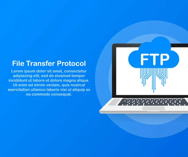 FTP file transfer icon on laptop. FTP technology icon. Transfer data to server. Vector illustration. — Stock Vector