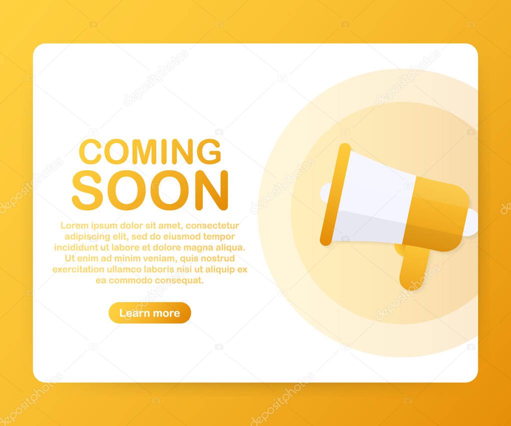 Megaphone Hand, business concept with text coming soon. Vector illustration