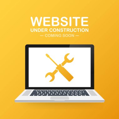 Dizüstü bilgisayarında inşaat tabelası olan bir site. Web sitesi için vektör illüstrasyonu.