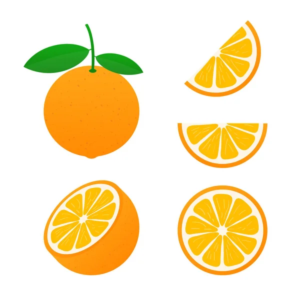 Laranja com folhas inteiras e fatias de laranjas. Ilustração vetorial de laranjas . — Vetor de Stock