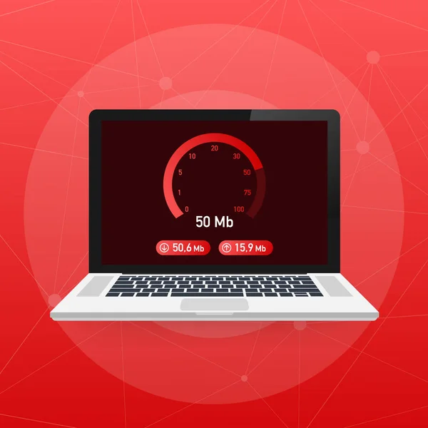 Speed test on laptop. Speedometer Internet Speed 50 mb. Website speed loading time. Vector illustration. — Stock Vector