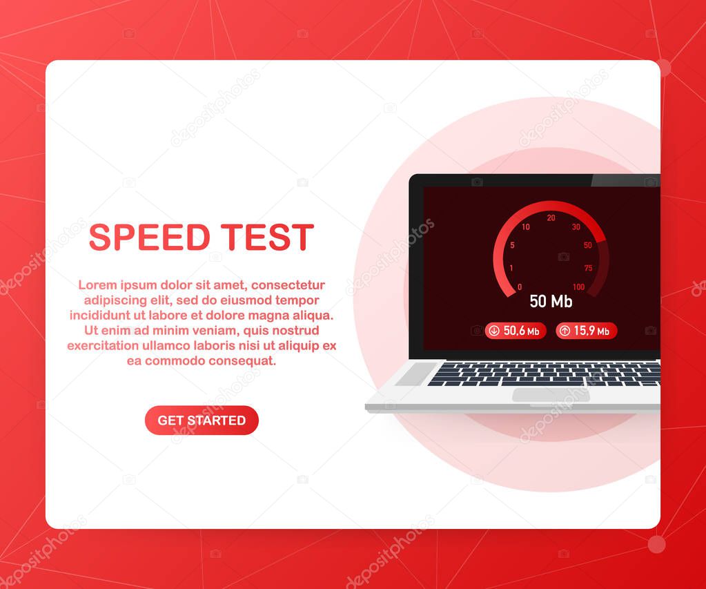 Speed test on laptop. Speedometer Internet Speed 50 mb. Website speed loading time. Vector illustration.