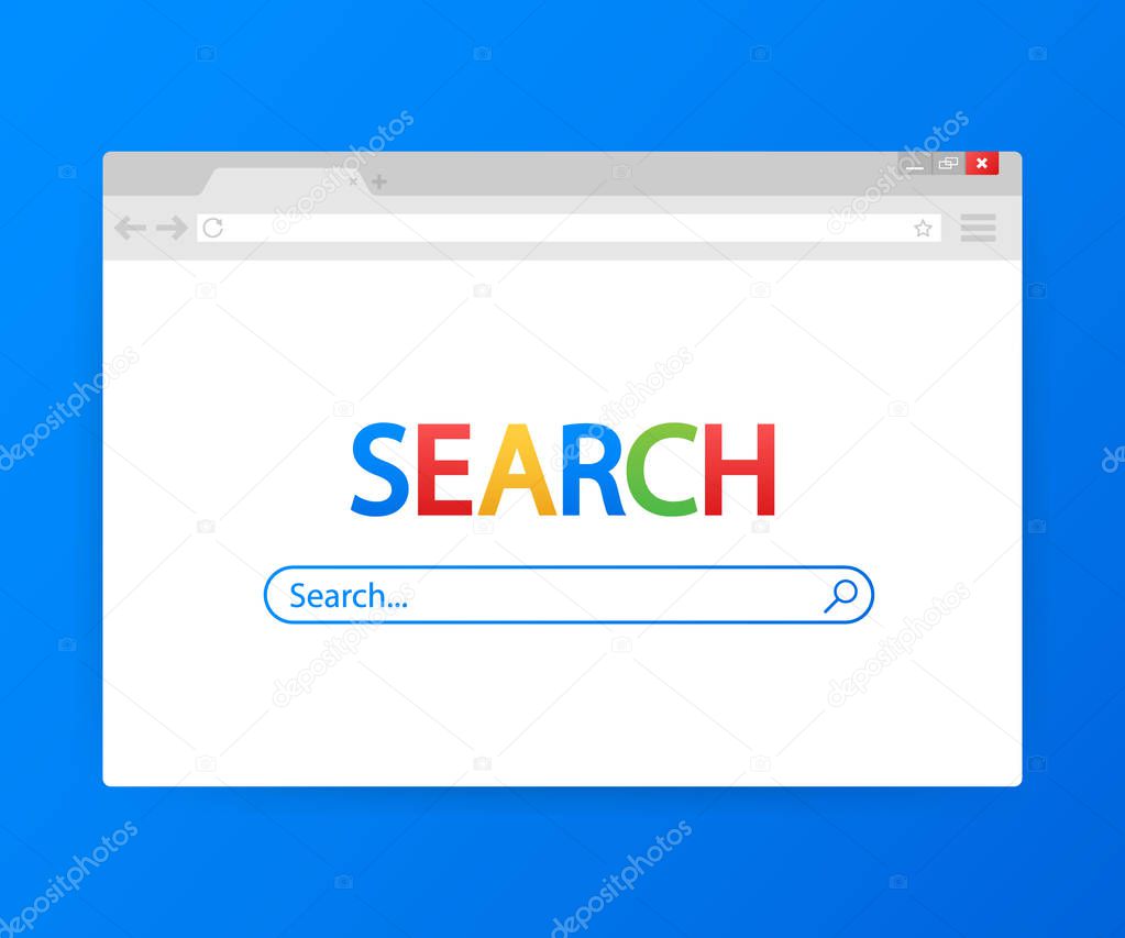 Simple browser window on blue background. Browser search. Web browser in flat style.  Vector illustration.
