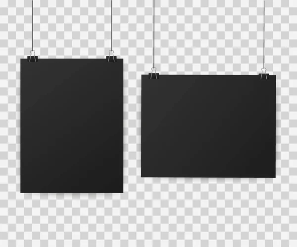 黒ポスター バインダーに掛かっています。空白用紙モックアップと灰色の壁。ベクトル図. — ストックベクタ