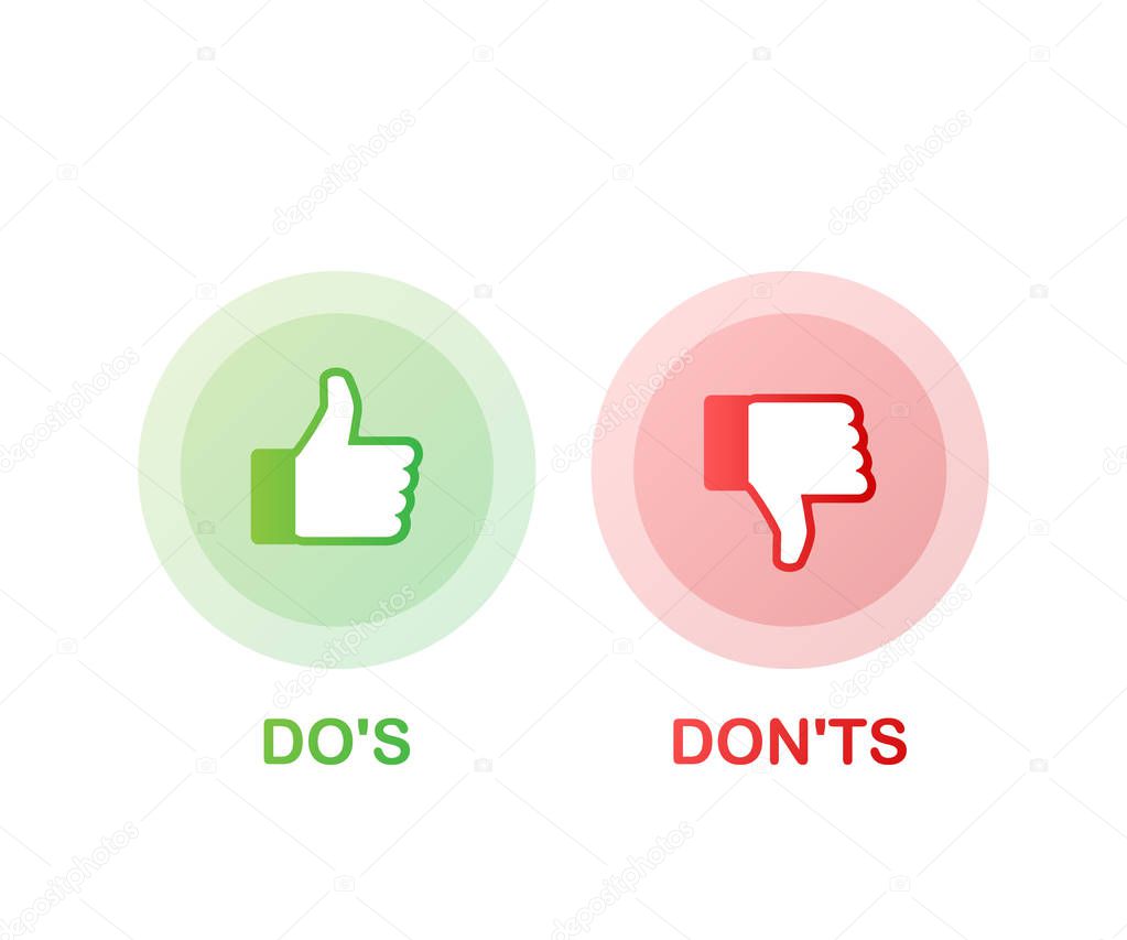 Do's and Don'ts like thumbs up or down. flat simple thumb up symbol minimal round logotype element set graphic design isolated on white. Vector illustration.