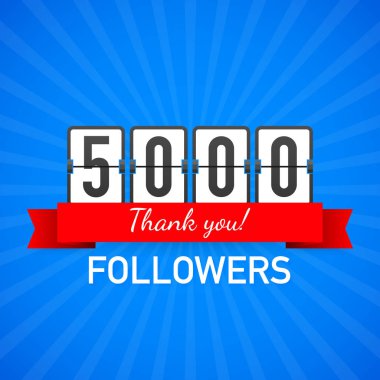 5000 takipçileri, teşekkür ederim, sosyal siteler sonrası. Teşekkür takipçileri tebrik kartı. Vektör çizim.