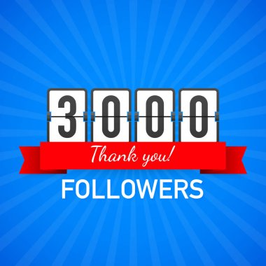 3000 takipçileri, teşekkür ederim, sosyal siteler sonrası. Teşekkür takipçileri tebrik kartı. Vektör çizim.