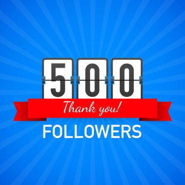 500 takipçileri, teşekkür ederim, sosyal siteler yazısı. Teşekkür takipçileri tebrik kartı. Vektör çizim.