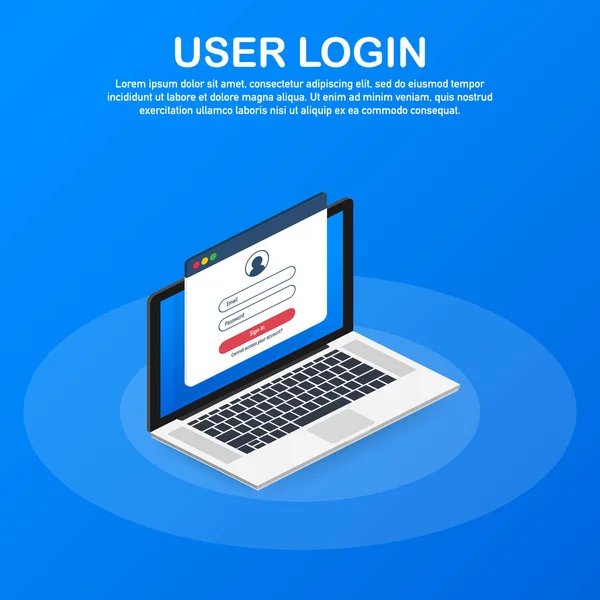 Sign in to account, user authorization, login authentication page concept. Laptop with login and password form page on screen. Vector illustration. — Stock Vector