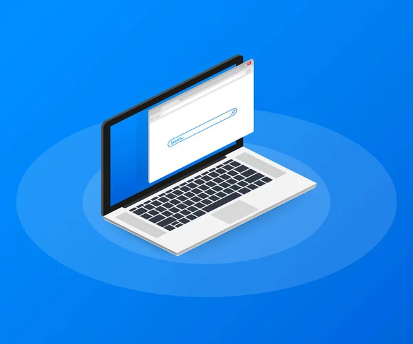 Finestra del browser semplice su computer portatile su sfondo blu. Ricerca nel browser. Browser web in stile flat. Illustrazione vettoriale . — Vettoriale Stock