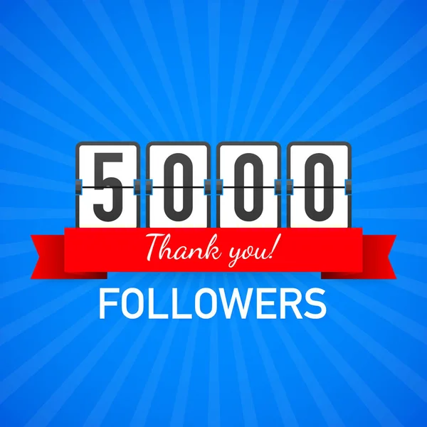 5000 následovníky, děkuji, sociální stránky zaúčtovat. Přání s poděkováním stoupenci blahopřání. Vektorové ilustrace. — Stockový vektor