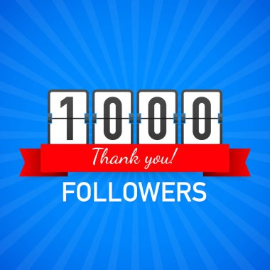1000 takipçileri, teşekkür ederim, sosyal siteler sonrası. Teşekkür takipçileri tebrik kartı. Vektör çizim.