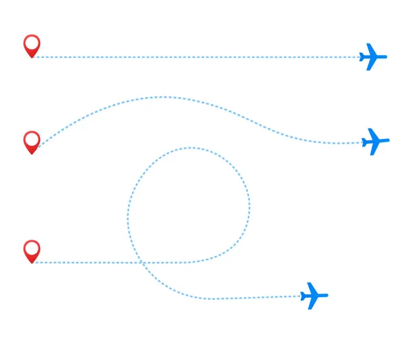 飞机旅行的概念。在白色背景上具有起点和路线条线的平面。向量例证. — 图库矢量图片