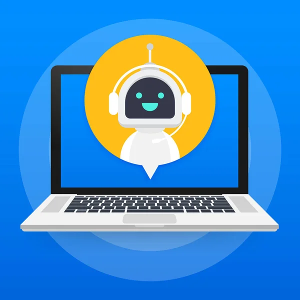 Chat Bot Usando Computadora Portátil, Robot Asistencia Virtual Del Sitio Web O Aplicaciones Móviles. Servicio de soporte de voz bot. Soporte en línea bot. Ilustración vectorial . — Archivo Imágenes Vectoriales