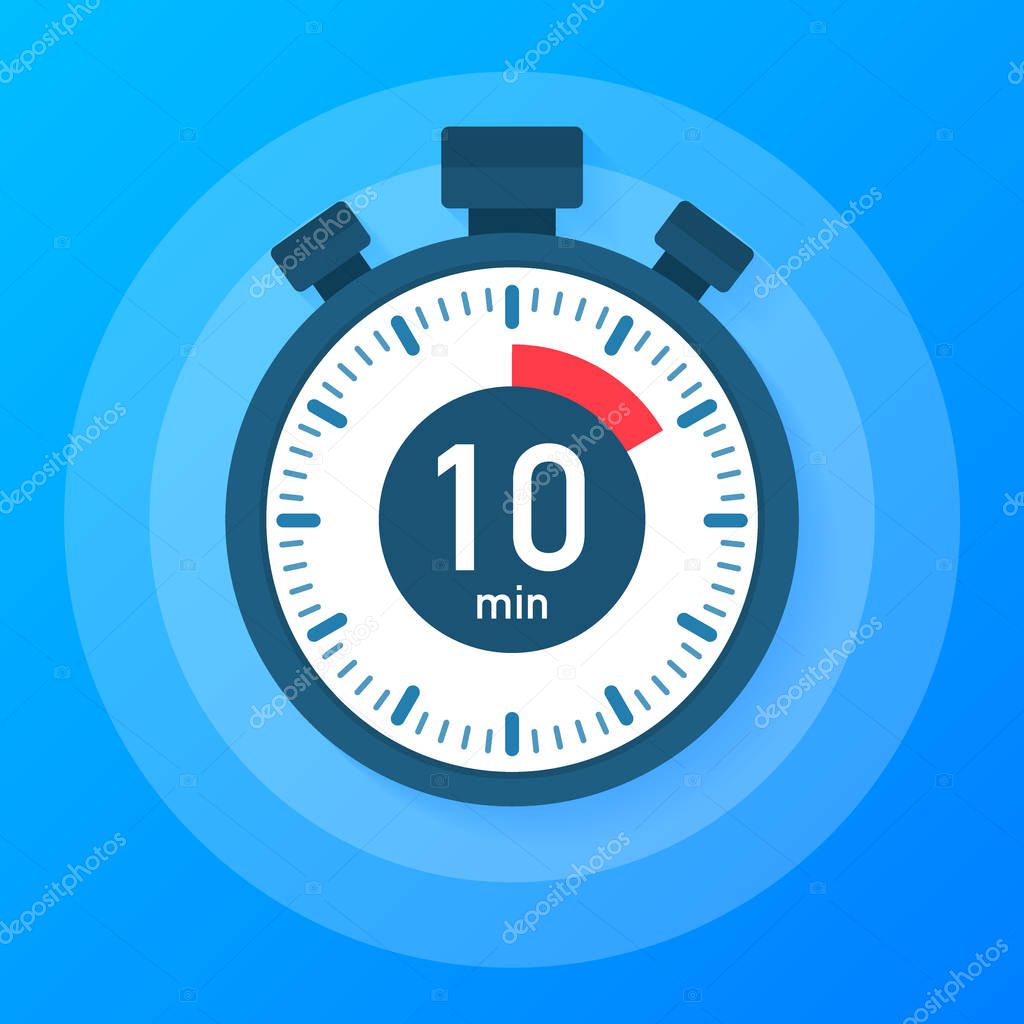 The 10 minutes, stopwatch vector icon. Stopwatch icon in flat style, timer on on color background.  Vector illustration.