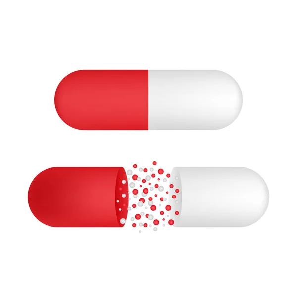 Pillola per le capsule. Piccole palle versate da una capsula medica aperta. Illustrazione vettoriale . — Vettoriale Stock