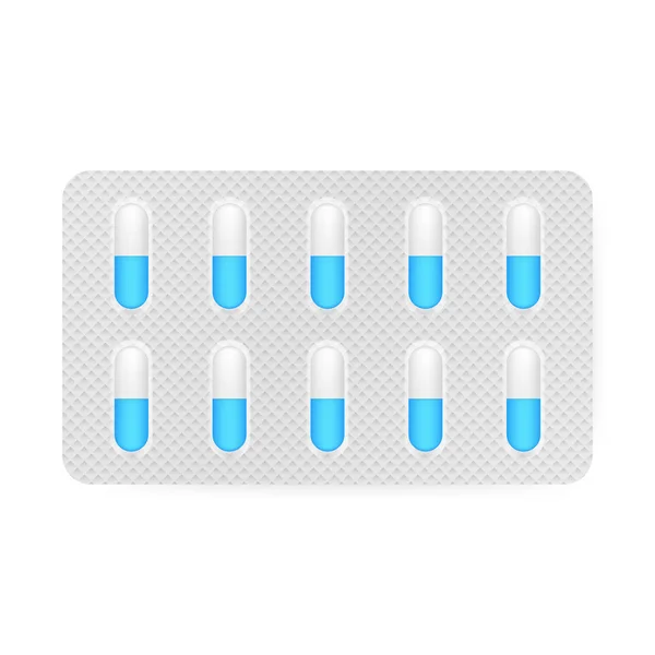 Reális tabletták buborékfólia kapszula fehér háttér. Reális modell tabletták csomagolására tabletta, kapszula, gyógyszerek. Vektoros illusztráció. — Stock Vector