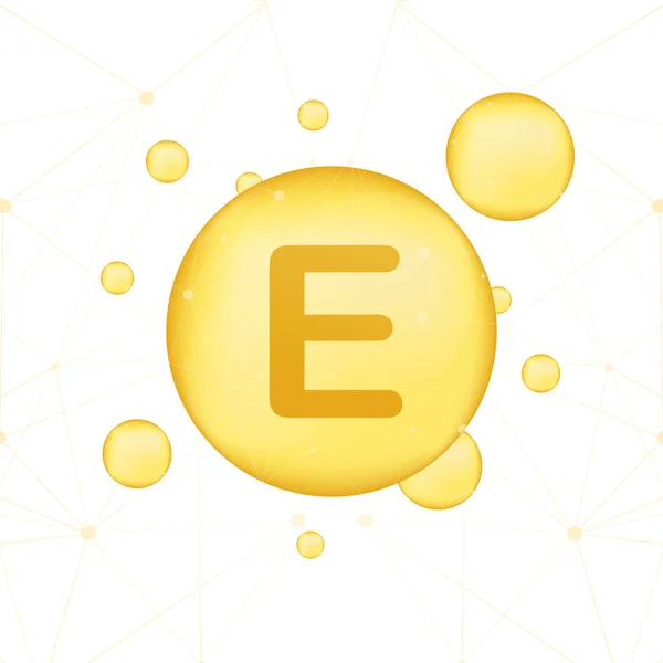 Vitamin E Gold glänzende Ikone. Ascorbinsäure. Vektorillustration — Stockvektor