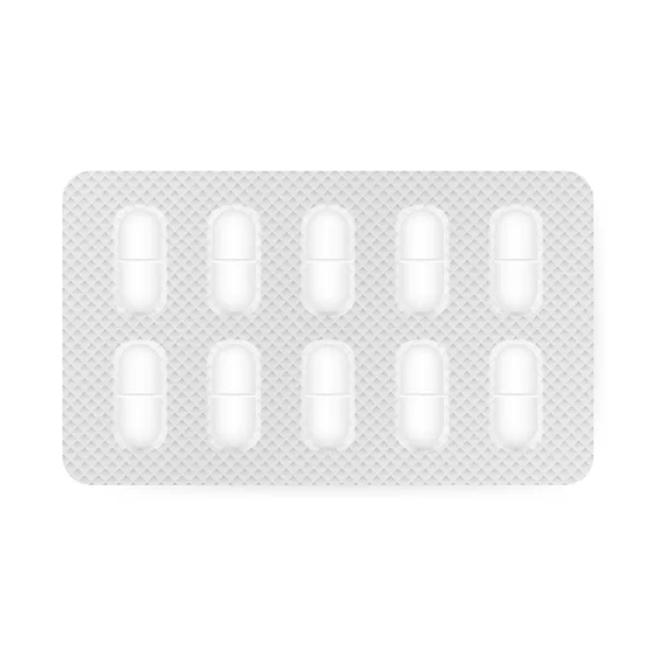 White 3d blister pack of tablet isolated on white background. Vector illustration. — Stock Vector