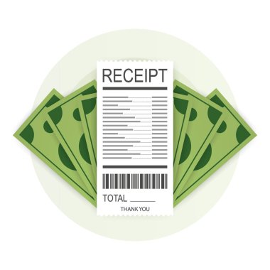 Alış irsaliyesi simgesinde bir renkli arka plan üzerinde izole bir düz stil. Fatura işareti. Bill atm şablonu veya restoran kağıt mali denetimi. Vektör çizim.