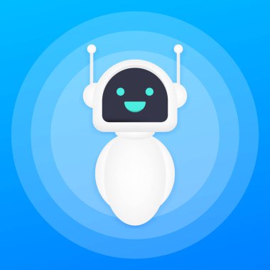 Sevimli robot gülümseyen, sohbet bot selam söyle. Vektör modern düz çizgi film karakteri çizim. Vektör çizim.