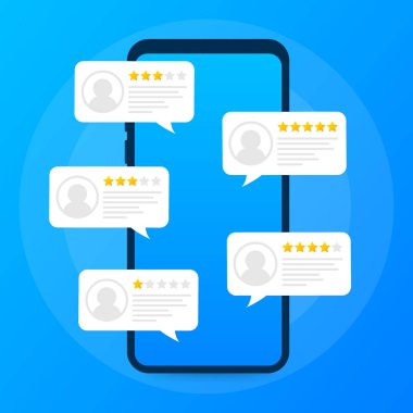 Kabarcık konuşmalar üzerinde cep telefonu illüstrasyon, düz stil smartphone değerlendirme inceleme iyi ve kötü oranı ve metin ile birlikte yıldız değerlendirmeleri. Vektör vektör çizim.