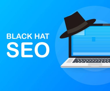 Siyah şapka seo afiş. Büyüteç'i ve diğer arama motoru optimizasyonu araçları ve taktikleri. Vektör çizim.