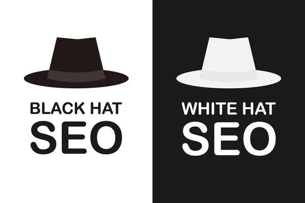 Black and white hat seo banner. Vergrootglas, zoekmachine optimalisatie tools en andere tactiek. Vectorillustratie. — Stockvector