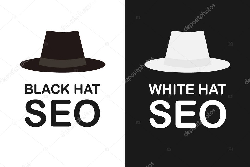 Black and white hat seo banner. Magnifier, and other search engine optimization tools and tactics. Vector illustration.