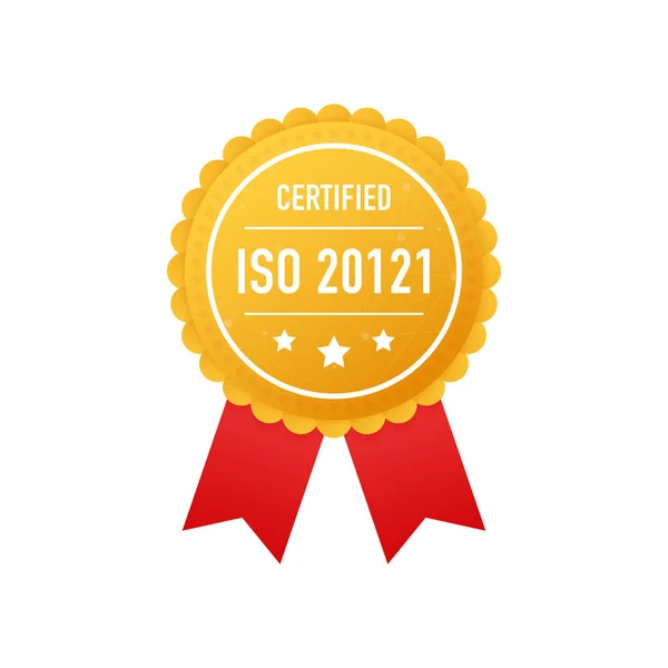 Iso 20121 认证的白色背景上的黄金标签。向量例证. — 图库矢量图片