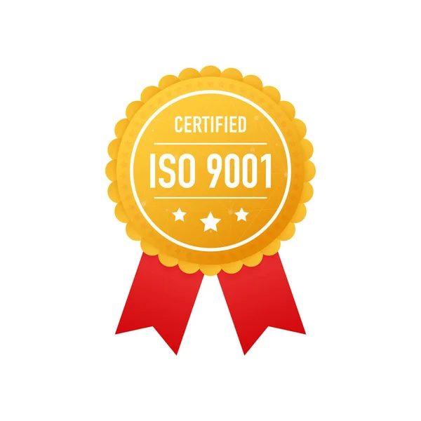 Etiqueta de oro certificada ISO 9001 sobre fondo blanco. Ilustración vectorial . — Archivo Imágenes Vectoriales