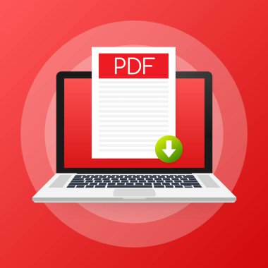 PDF düğmesini laptop ekranına indir. Belge konsepti indiriliyor. PDF etiketli ve aşağı ok işaretli dosya. Vektör illüstrasyonu.