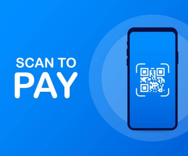 Ödeme için tarama yap. Detay, teknoloji ve iş kavramı için QR kodunu kağıt üzerinde taramak için akıllı telefon. Vektör illüstrasyonu.