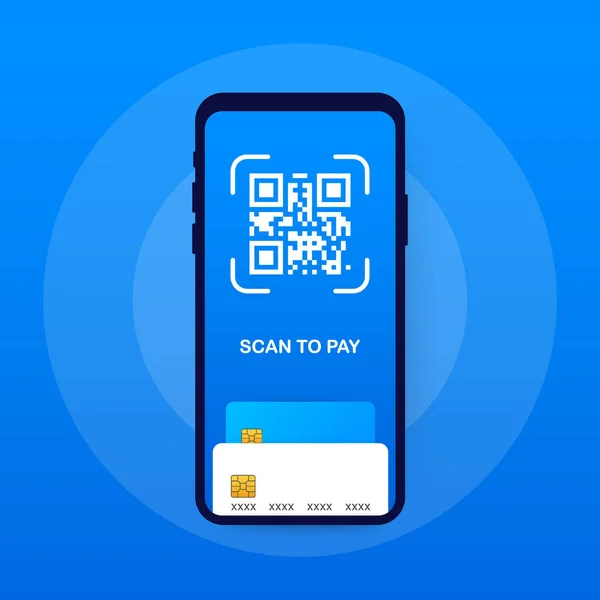 Digitalizar para pagar. Smartphone para digitalizar o código QR no papel para detalhes, tecnologia e conceito de negócios. Ilustração vetorial . — Vetor de Stock