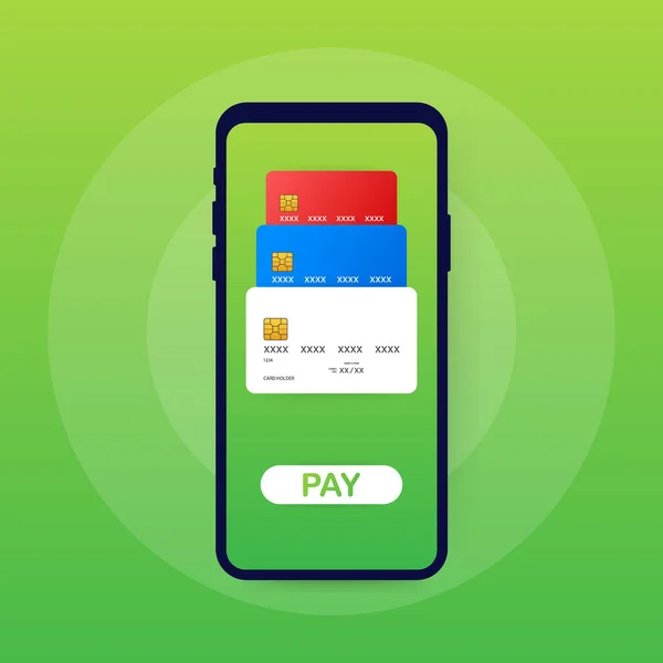 Mobile Concetto di pagamento con illustrazione di smartphone, carta di credito. Illustrazione vettoriale. — Vettoriale Stock