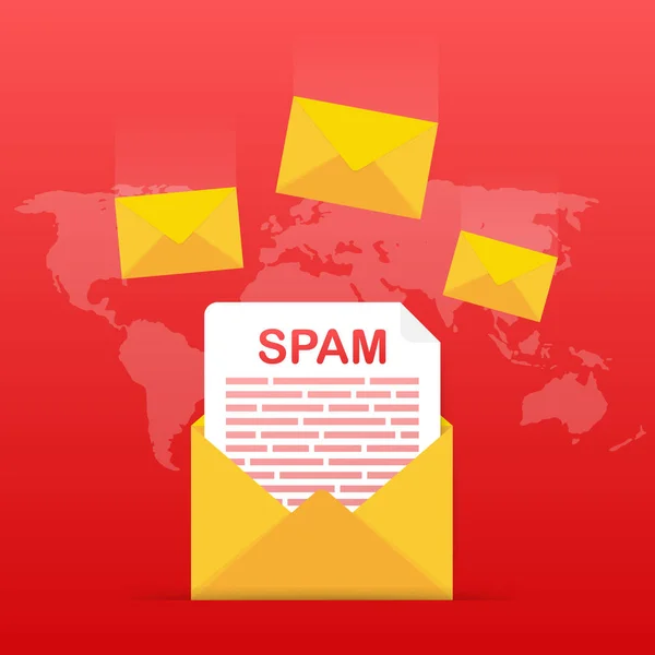 Kein Spam. Warnung vor Spam-Mails. Konzept von Virus, Piraterie, Hacking und Sicherheit. Umschlag mit Spam. Vektorillustration. — Stockvektor