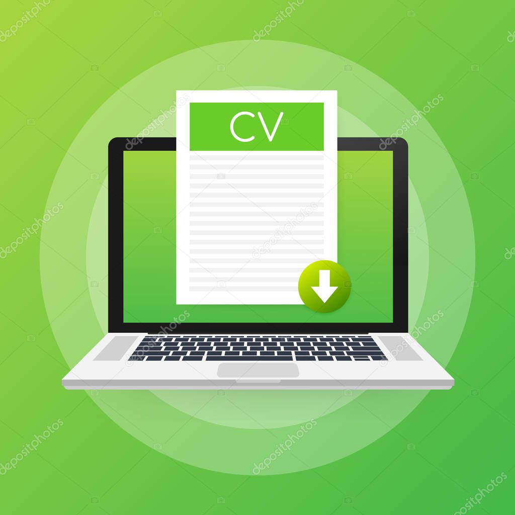 Download CV button on laptop screen. Downloading document concept. File with CV label and down arrow sign. Vector stock illustration.