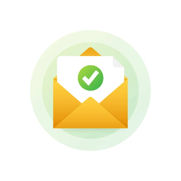 Envelope aberto e documento com marca de verificação verde. Email de verificação. Ilustração vetorial. — Vetor de Stock